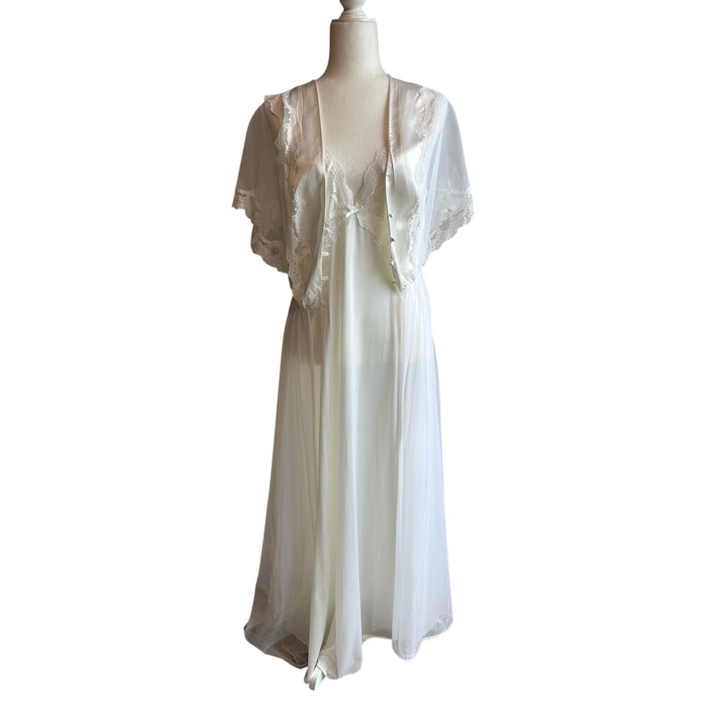 Val Mode Vintage 2 piece Peignoir Set Sheer Lace Large Bridal Lingerie Long - Picture 1 of 16